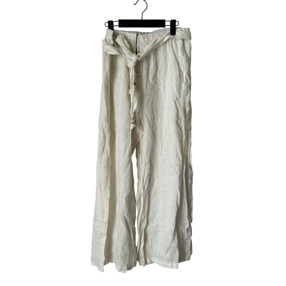 Elan Cream 100% Linen Wide Leg Pants XL Beaded Tie Waist Side Slit LL2391
